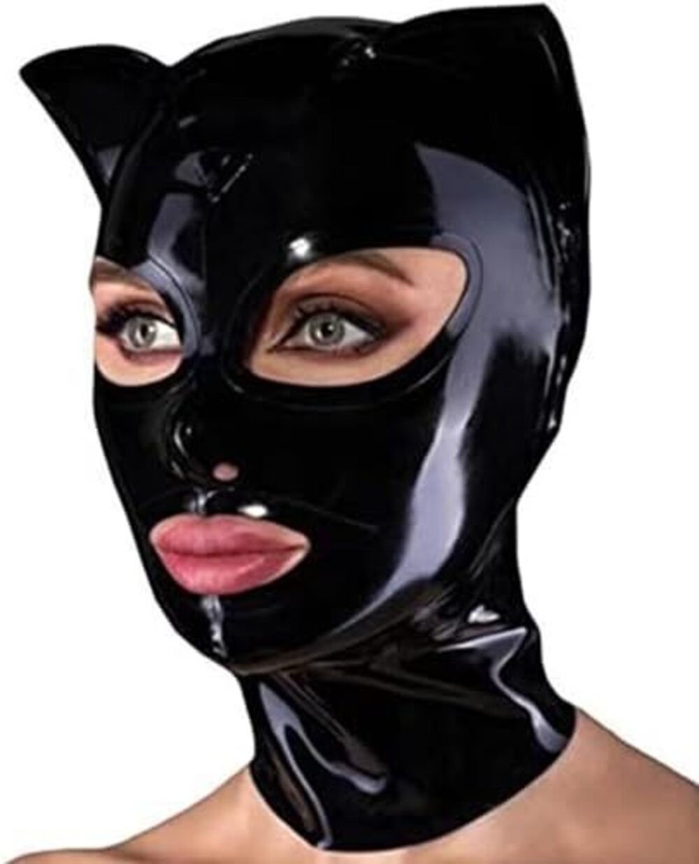 5480 Black Latex Hood with Cat Ears Back Zipper Open Eyes Mouth Rubber Mask